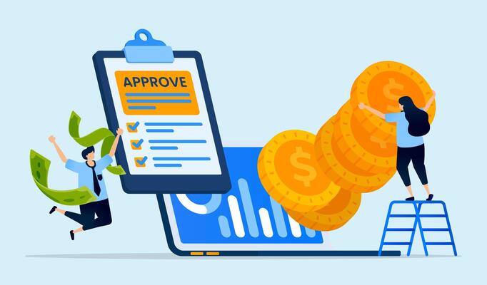 Illustration of approval from digital banks or fintech platforms for applying for low-interest debt or loans, designed for fintech apps, banking services, and loan platforms
