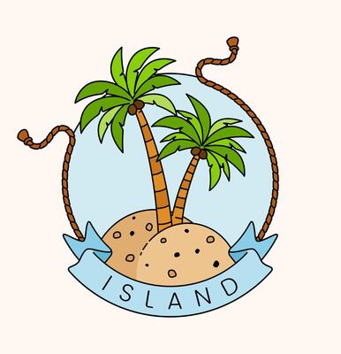 Vintage line art illustration of a summer island beach with coconut trees, capturing peaceful tropical holiday vibes in a classic style. Perfect for summer cards, posters, websites, and decor