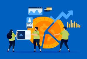 Illustration of statistical analysis and pie chart showing profit sharing in financial investments within the money market. Can be used for finance websites, market reports, and investor education. vector