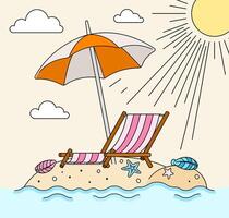 Beach Chair Surrounded by Sand and Marine Life Like Starfish and Shells, Shielded Under an Umbrella from the Scorching Sun on a Tropical Summer Beach. Can be used for tourism marketing websites, ads vector