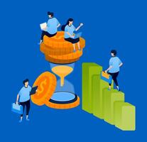 Illustration of an hourglass and upward bar chart symbolizing slowly rising investment over time. Can be used for finance apps, investment blogs, and economic growth reports. vector