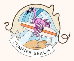 Dynamic vintage line illustration of a flamingo surfing waves on a sunny summer beach holiday, capturing adventurous tropical vibes. Perfect for summer cards, posters, websites, merchandise, decor vector