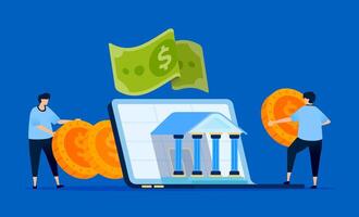 Illustration of fintech and digital banking with laptops emerging from a central bank building, representing modern finance. Can be used for fintech platforms, banking websites, and tech blogs. vector