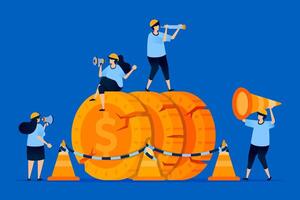 Illustration of damaged money with a yellow cone and rope, symbolizing financial warning and risks from bad investments. Can be used for risk management content, finance blogs, and investor alerts vector