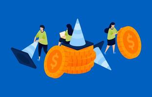 Illustration of piles of coins with warning cones, representing caution signs in the financial system. Perfect for risk management, finance blogs, banking alerts, and economic awareness content. vector