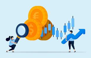 Illustration of floating candlesticks and magnifying glass searching for coin money, symbolizing currency analysis for stocks and investments with increasing returns. Can be used for trader platforms vector