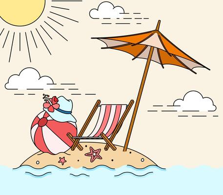 Beach Chair with Umbrella to Escape the Scorching Sun on a Summer Beach Vacation. Can be used for tourism marketing websites, promotions, holiday destination ads
