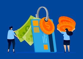 Illustration of people tying paper money, coins, and credit cards, symbolizing maintaining and guarding expenses in finance. Can be used for budgeting apps, finance advisors, and banking sites vector