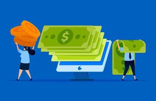 Illustration of monitors displaying piles of green paper money, financial and accounting software developed by fintech companies. Can be used for software websites, finance apps, and fintech vector