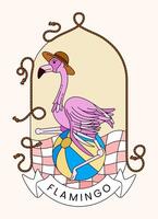 Vintage line art of a flamingo enjoying a beach picnic with a colorful beach ball, radiating fun and relaxation in summer holiday style. Perfect for summer cards, posters, websites, and decor vector