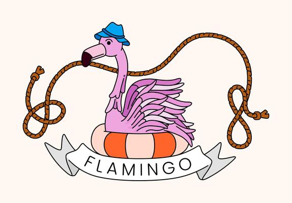 Vintage line drawing of a flamingo wearing a lifebuoy on the beach, emphasizing safety and summer fun in a retro holiday design. Perfect for summer cards, posters, websites, merchandise, decor