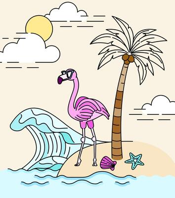 Flamingo Standing Under a Coconut Tree, Wearing Sunglasses on a Summer Beach Watching the Waves. Can be used for tourism marketing websites, promotions, holiday destination ads