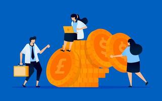 Illustration of people piling up money as a metaphor for saving in finance. Can be used for personal finance blogs, savings apps, and investment platforms vector