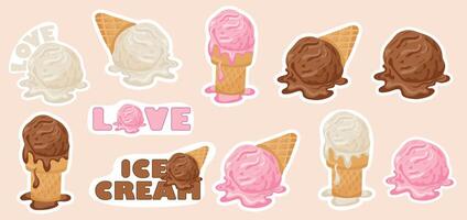 set of stickers with images of various melting ice cream in waffle cones and ice cream scoops, for printing and social media vector
