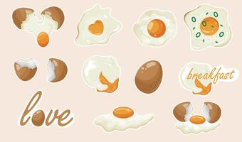 set of stickers of chicken eggs in various shapes and in late stages of preparation, for printing and social media vector