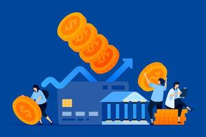 Illustration of financial transaction growth using credit cards, with upward arrows on statistics and piles of money. Can be used for payment apps, banking services, and investment reports. vector