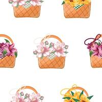 pattern with a set of icons of woven straw baskets with flowers, namely tulips, magnolias and lilies, for various holiday designs vector