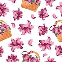 pattern with a woven straw basket with pink lily flowers and a bouquet of lilies, for various designs vector