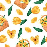 pattern with a woven straw basket with spring, yellow tulips and a bouquet, for various design vector