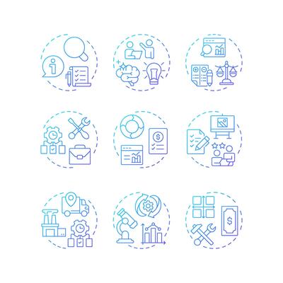 Value engineering blue gradient concept icons. Data analysis, statistical metrics. Workflow organization. Icon pack. Round shape illustrations for infographic. Abstract idea
