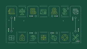 Value engineering green word concept. Statistical metrics. Product quality. Efficiency, performance. Horizontal image. Headline text surrounded by editable outline icons vector