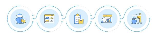 Ship management system solutions infographic 5 steps. Marine logistics regulation. Business industry. Flow chart infochart. Editable info graphics icons vector