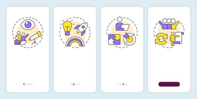 Business consulting benefits onboarding mobile app screen. Walkthrough 4 steps editable graphic instructions with linear concepts. UI, UX, GUI vector