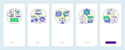 Consulting services types onboarding mobile app screen. Walkthrough 5 steps editable graphic instructions with linear concepts. UI, UX, GUI vector