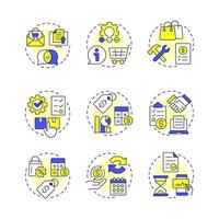 Quote management multi color concept icons. Price control, discount. Product strategy, development. Icon pack. Round shape illustrations for infographic, article. Abstract idea vector