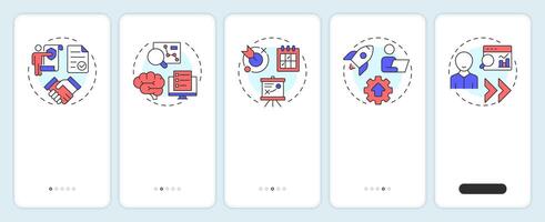 Consulting process stages onboarding mobile app screen. Walkthrough 5 steps editable graphic instructions with linear concepts. UI, UX, GUI vector