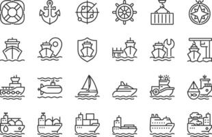 Maritime transport pixel perfect line icons set. Transporting goods via sea routes. Shipping by watercraft. Isolated outline illustrations. Thin lineart iconset symbols. Editable stroke vector