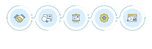 Consulting process infographic 5 steps. Efficiency increase, paperwork organization. Flow chart infochart. Editable info graphics icons vector