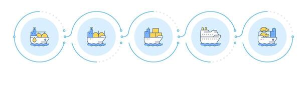 Ship type management solutions infographic 5 steps. Marine vessels with different functions. Flow chart infochart. Editable info graphics icons vector