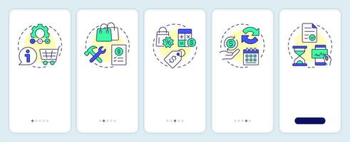 CPQ capabilities onboarding mobile app screen. Product management. Walkthrough 5 steps editable graphic instructions with linear concepts. UI, UX, GUI vector
