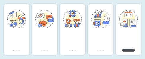 Consulting types onboarding mobile app screen. Marketing, management. Walkthrough 5 steps editable graphic instructions with linear concepts. UI, UX, GUI vector
