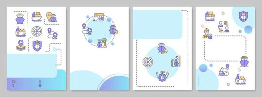 Ship management blue circle brochure layout. Industry of marine delivery. Logistic system. Leaflet advertising design with color line icons. Editable 4 pages vector