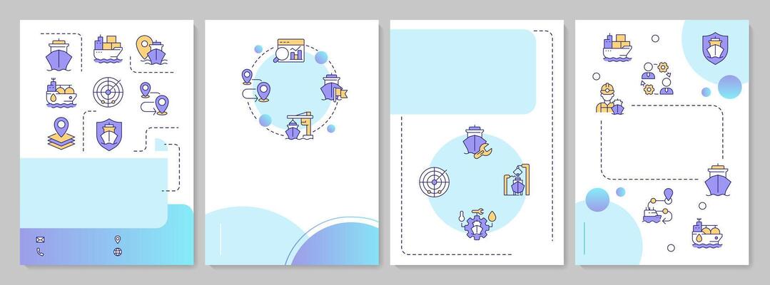 Ship management blue circle brochure layout. Industry of marine delivery. Logistic system. Leaflet advertising design with color line icons. Editable 4 pages