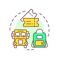 Field trips multi color concept icon. School bus. Service fee, tickets. Excursion, museum. Round shape line illustration. Abstract idea. Graphic design. Easy to use in article, infographic vector