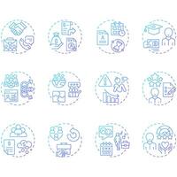 HR analytics blue gradient concept icons. Workforces data research. Corporate employees hiring. Business strategy. Icon pack. Round shape illustrations for booklet. Abstract idea vector
