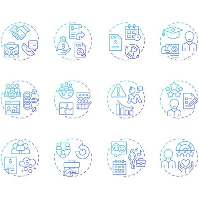 HR analytics blue gradient concept icons. Workforces data research. Corporate employees hiring. Business strategy. Icon pack. Round shape illustrations for booklet. Abstract idea