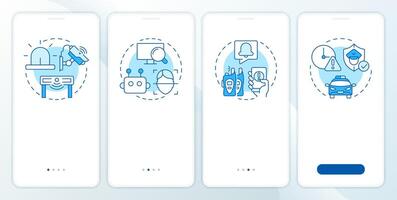 Physical security ecosystem blue onboarding mobile app screen. Protection. Walkthrough 4 steps editable graphic instructions with linear concepts. UI, UX, GUI vector