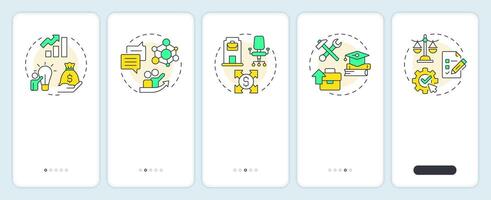 Business incubators benefits onboarding mobile app screen. Walkthrough 5 steps editable graphic instructions with linear concepts. UI, UX, GUI vector