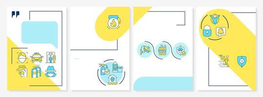 Physical security blue and yellow brochure layout. Safeguarding people, property and data tools. Leaflet advertising design with color line icons. Editable 4 pages vector
