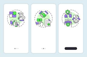 Business framework onboarding mobile app screen. Product development. Walkthrough 3 steps editable graphic instructions with linear concepts. UI, UX, GUI vector