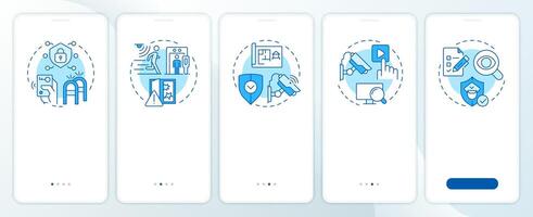 Components of physical security systems blue onboarding mobile app screen. Walkthrough 5 steps editable graphic instructions with linear concepts. UI, UX, GUI vector