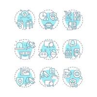 Physical security soft blue concept icons. Safety maintaining strategy. Protecting people and assets. Icon pack. Round shape illustrations for presentation. Abstract idea vector