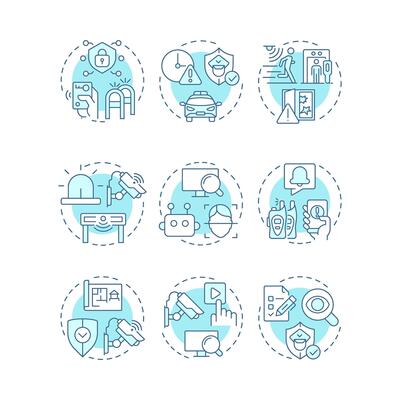 Physical security soft blue concept icons. Safety maintaining strategy. Protecting people and assets. Icon pack. Round shape illustrations for presentation. Abstract idea