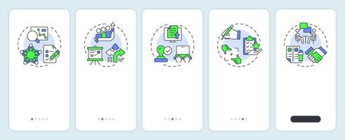 Business incubator selection onboarding mobile app screen. Walkthrough 5 steps editable graphic instructions with linear concepts. UI, UX, GUI vector