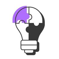 Problem solving offset shadow line icon. Puzzle solution, idea lightbulb. Business process. Brainstorm, thinking. Bold outline symbol with solid purple fill. Modern flat illustration. Editable stroke vector