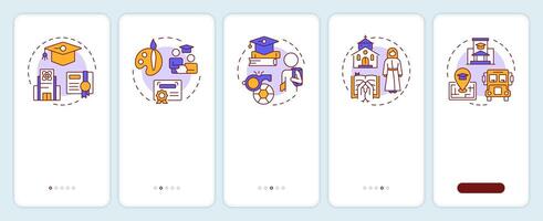 Educational organizations types onboarding mobile app screen. Walkthrough 5 steps editable graphic instructions with linear concepts. UI, UX, GUI vector